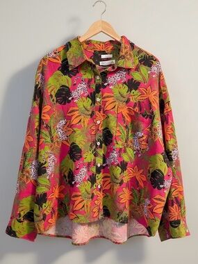 100% Linen C&C California Tropical Print Button Down Shirt 3X Plus Leopard
